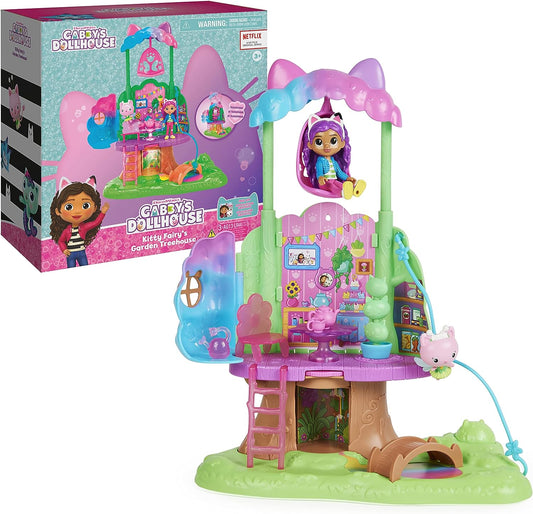 Gabby's Dollhouse Conjunto de jogos de casa na árvore de jardim transformador com luzes, 2 figuras, 5 acessórios, 1 entrega, 3 móveis, brinquedos infantis para maiores de 3 anos