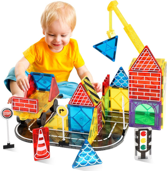 Conjunto de Estradas com Peças Magnéticas e Guindaste Magnético Extensível para Crianças - Brinquedo Educativo STEM de Construção Urbana para Meninos e Meninas de 3 a 8 Anos ou Mais, Brinquedo Criativo de Construção, Ideia Ideal para Aniversário (A)