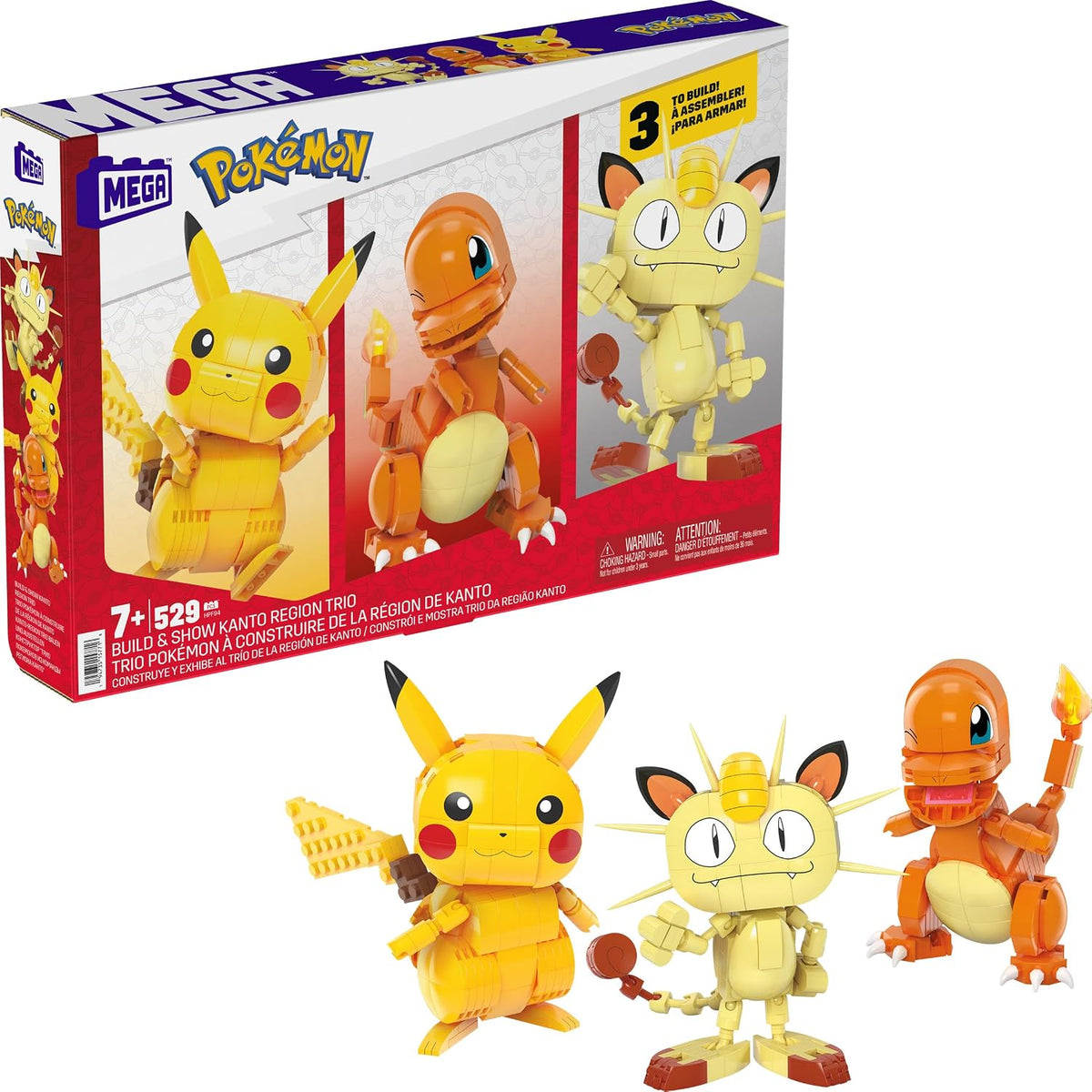 MEGA Brinquedos de Montar Pokémon (Figura de Ação) para Crianças – Trio da Região de Kanto com 529 Peças: Pikachu, Charmander e Meowth Montáveis e Articulados