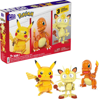 MEGA Brinquedos de Montar Pokémon (Figura de Ação) para Crianças – Trio da Região de Kanto com 529 Peças: Pikachu, Charmander e Meowth Montáveis e Articulados