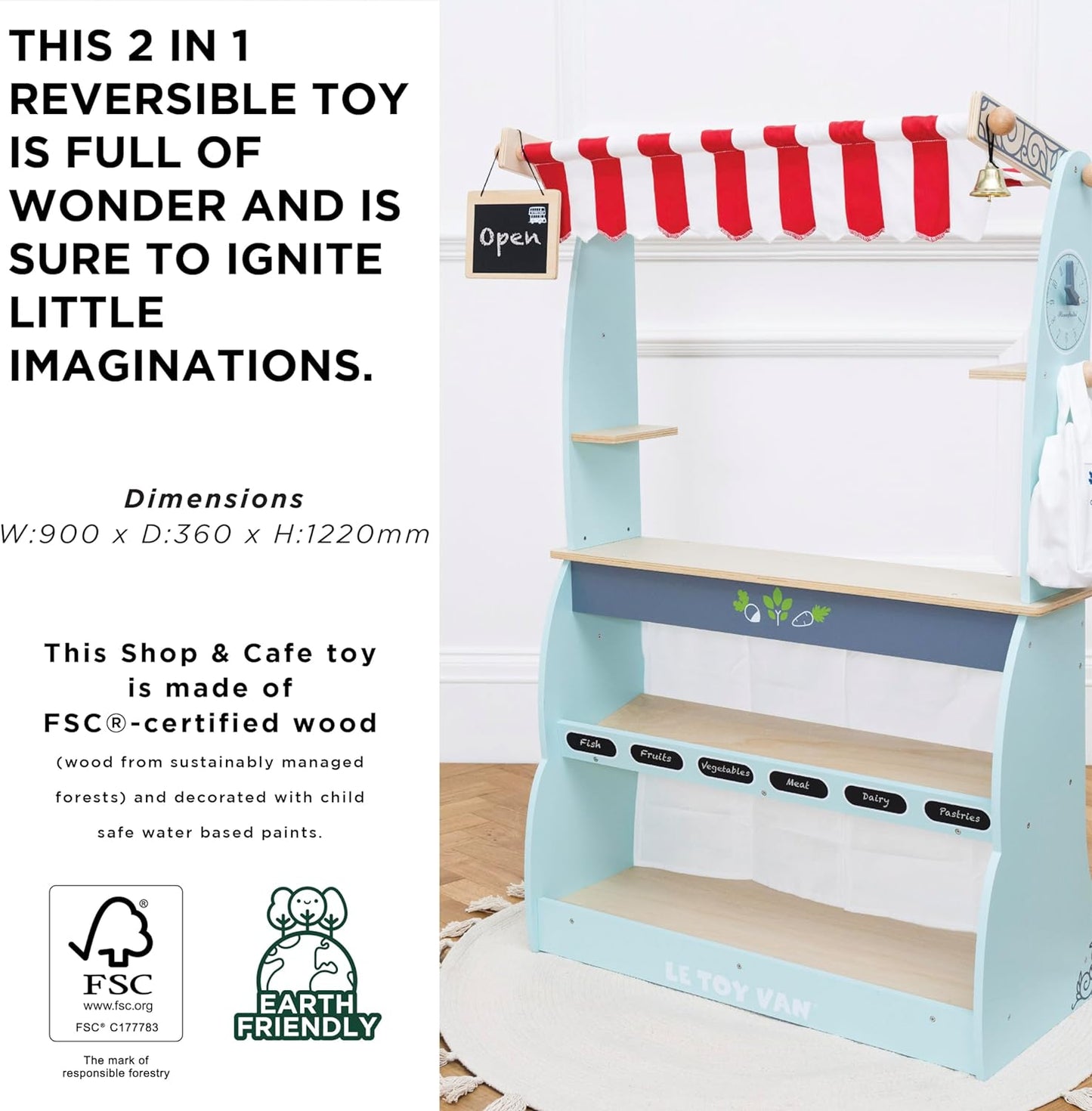Le Toy Van - Honeybake reversível fingir loja de madeira e barraca de café brinquedo infantil | Loja de jogos de simulação de café ou supermercado