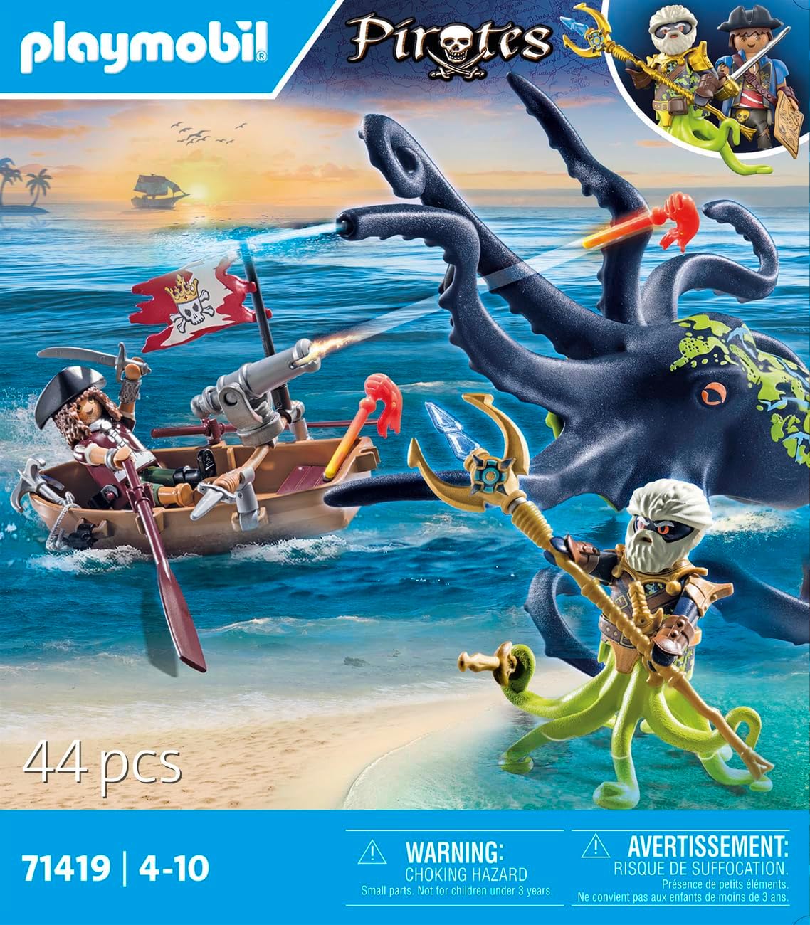 Playmobil 71419 Piratas: Batalha com o Polvo Gigante, Piratas vs. Deepers, polvo com função de borrifar água e canhão de disparo, encenação divertida e imaginativa, conjuntos de jogos adequados para crianças de 4 anos ou mais