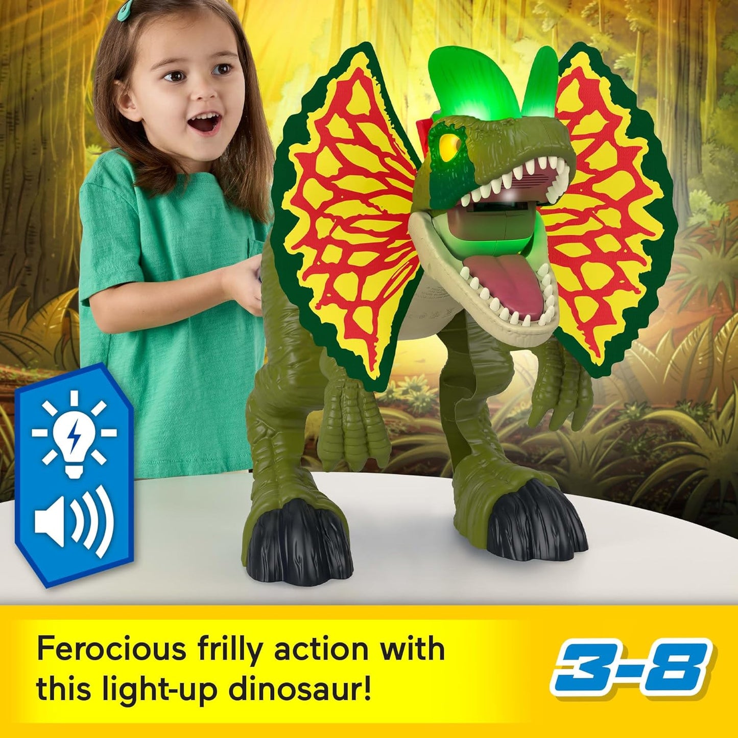 Brinquedo de dinossauro Fisher-Price Imaginext Jurassic World Thrash Attack Dilophosaurus, figura de 40 cm com luzes e sons, para crianças a partir de 3 anos, HVY16