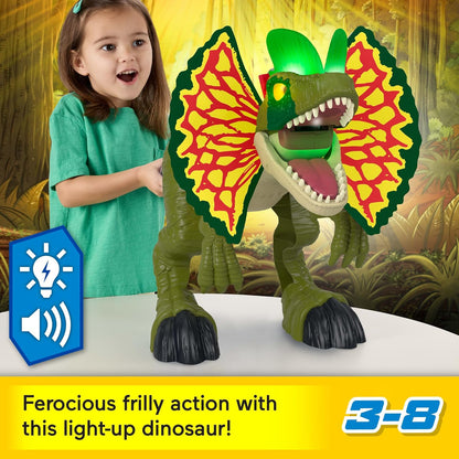 Brinquedo de dinossauro Fisher-Price Imaginext Jurassic World Thrash Attack Dilophosaurus, figura de 40 cm com luzes e sons, para crianças a partir de 3 anos, HVY16