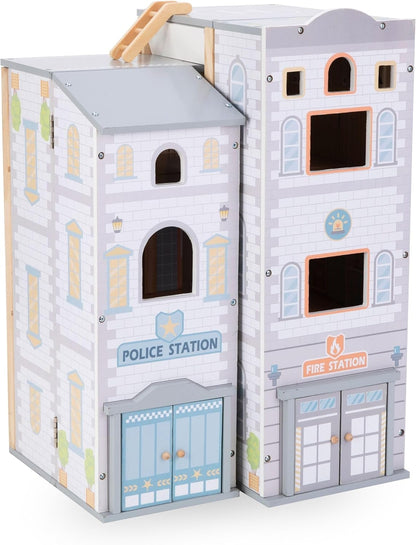 Mamabrum: Conjunto de brinquedo de madeira Estação de Bombeiros e Polícia, para crianças a partir de 3 anos - Brinquedo de faz de conta com veículos e acessórios - Compatível com figuras de ação.