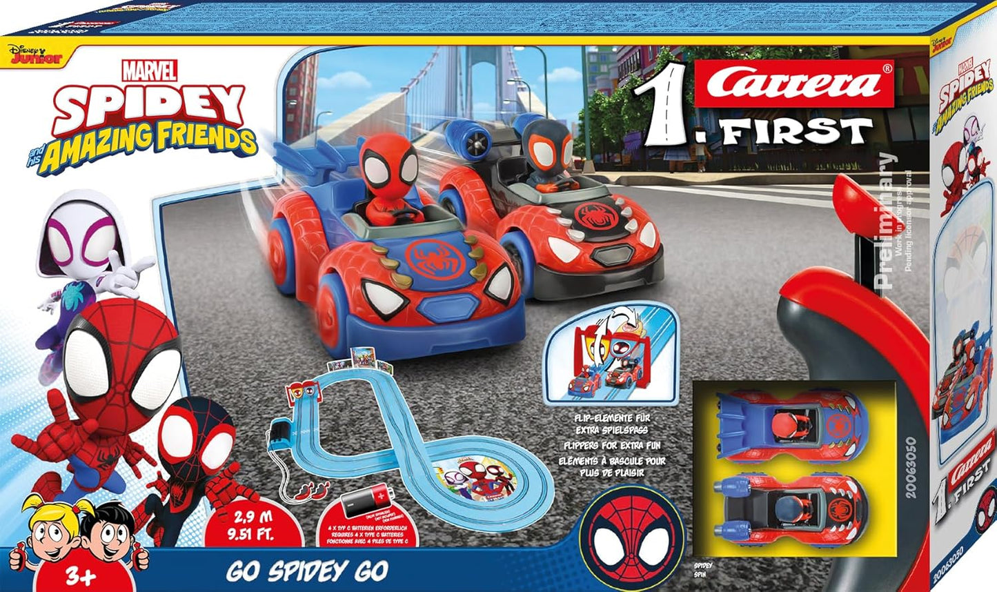 Carrera FIRST 20063050 Spidey Go Webs Go - Pista de corrida de autorama FIRST para crianças a partir de 3 anos, 2,9 metros, com o Homem-Aranha e seus incríveis amigos - Spidey & Spin