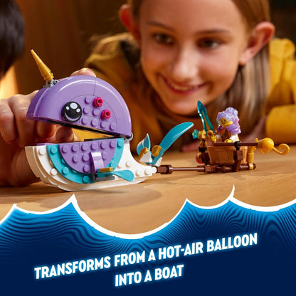 LEGO Brinquedo de balão de ar quente Narwhal de DREAMZzz Izzie, conjunto de construção de animais marinhos, salve Bunchu de um Grimspawn, figura de brinquedo de baleia transformadora, presentes para meninas, meninos e crianças com mais
