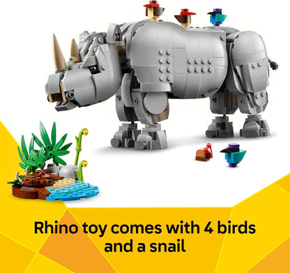 LEGO Creator 3 em 1 Animais Selvagens: Rinoceronte Majestoso com Pássaros - Figura de Animal que se Transforma em um Modelo de Hipopótamo ou uma Morsa - Presente Criativo para Meninas e Meninos a partir de 9 Anos - 31171