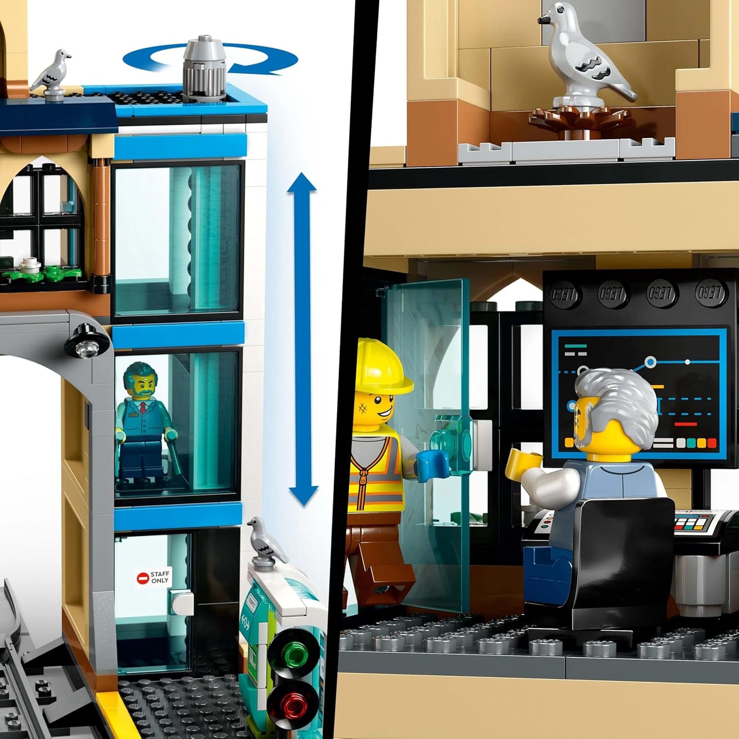 LEGO Conjunto City Estação Central de Trem com um veículo de manutenção, elevador funcional, máquina de bilhetes, 2 plataformas e uma peça de trilho, além de 6 minifiguras - Presente para meninos e meninas a partir de 7 anos - 60469