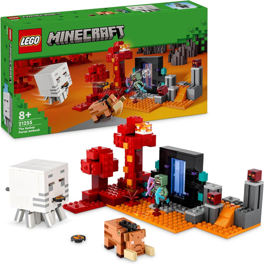 LEGO Conjunto de aventura Minecraft The Nether Portal Ambush, brinquedos de construção para meninos e meninas com cenas de batalha, personagens icônicos e figuras de mobs do jogo, presentes para crianças com mais de 8 anos 21255