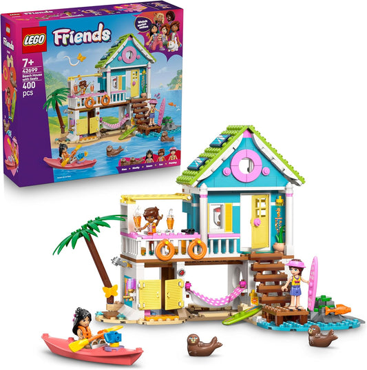 LEGO Friends Casa de Praia com Focas - Conjunto de Brinquedo em Miniatura com 3 Mini Bonecas, 2 Figuras de Animais Marinhos e Acessórios, incluindo Prancha de Surf e Caiaque - Presente de Aniversário para Meninas a partir de 7 Anos - 42699