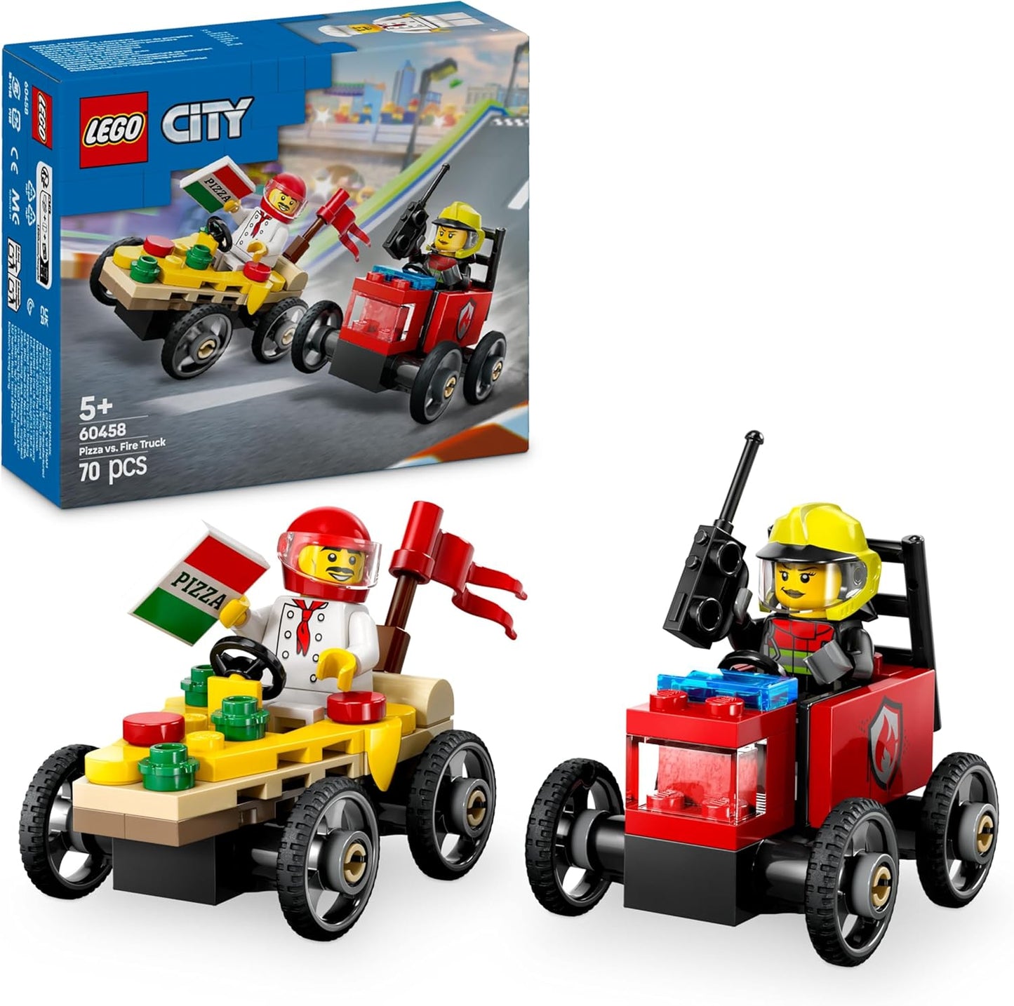 LEGO City Pizza vs. Fire Truck Race Car Pack Toy - Soapbox Car Toys para meninos e meninas de 5 anos ou mais - Presentes divertidos de feriado ou aniversário - Conjunto de veículos inclui 2 minifiguras