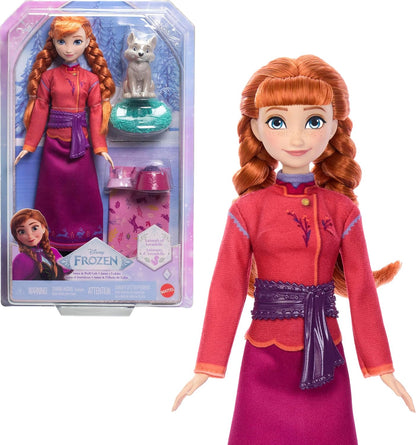 Mattel Boneca Disney Frozen Anna e Figura de Filhote de Lobo | 4 Acessórios, incluindo cama e cobertor para o animal; cabelo trançado; inspirada na linha "Animais de Arendelle" de Disney Frozen; JFG17