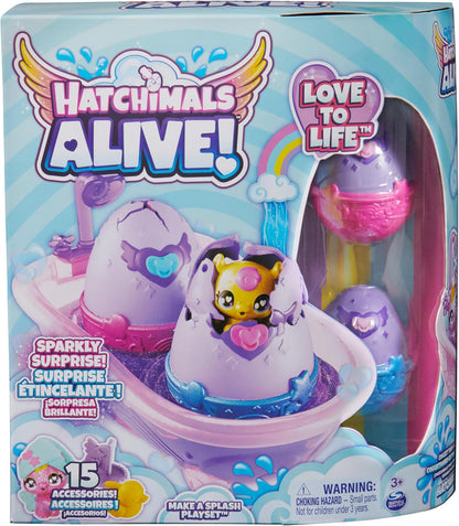 HATCHIMALS Alive, Make a Splash Playset com 15 acessórios, banheira, 2 mini figuras que mudam de cor em ovos que se chocam sozinhos, brinquedos infantis para meninas e meninos
