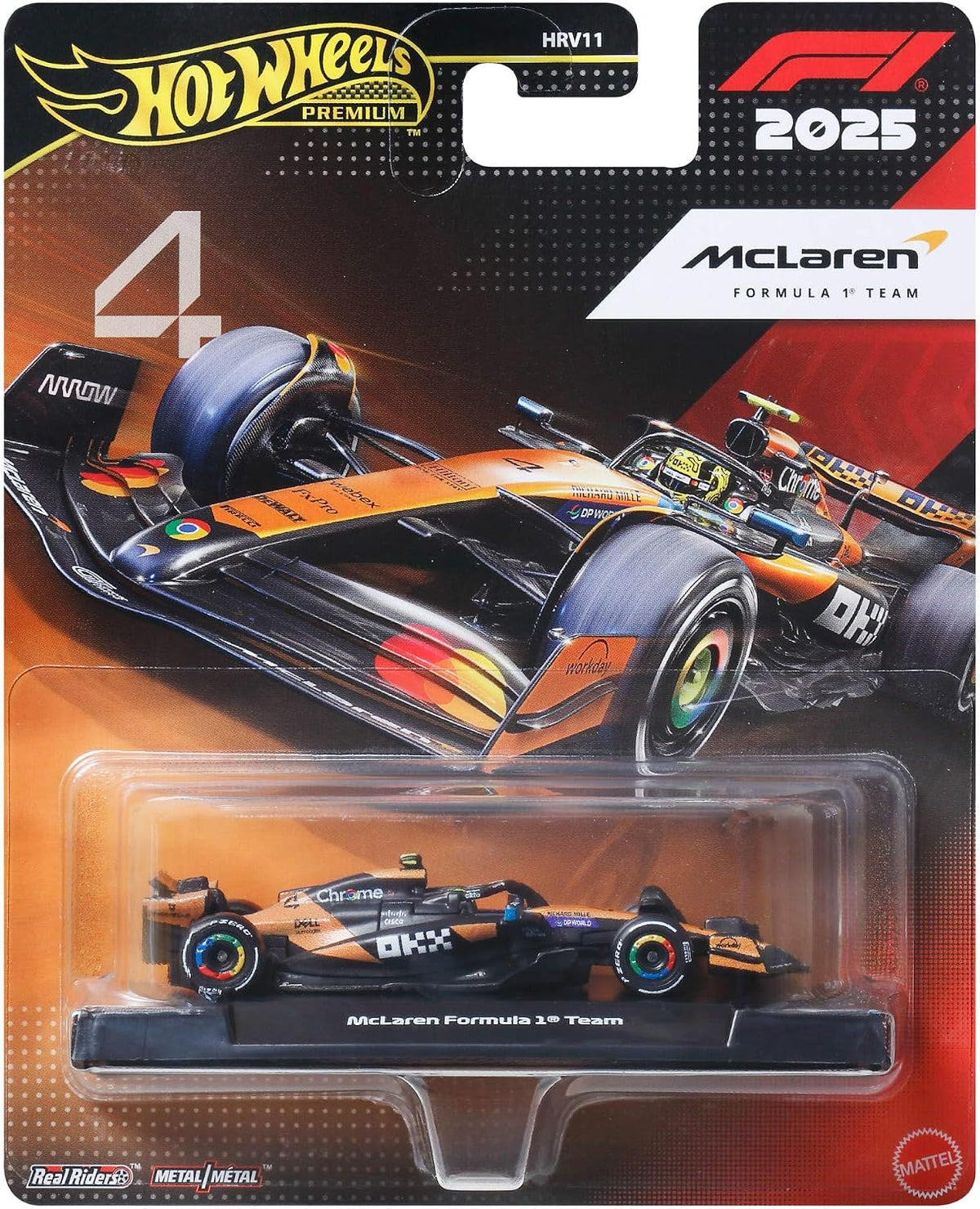 Hot Wheels Carro de corrida Premium da equipe McLaren Mastercard de Fórmula 1 | Carrinho colecionável do Lando Norris com pneus "Real Riders" e carroceria e chassi totalmente em metal