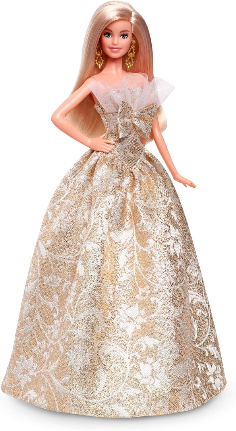 Barbie Signature, Barbie Loira de Natal 2025, Vestindo Vestido Prateado e Dourado, Colecionável Sazonal em Embalagem e Suporte para Exibição, JBJ00