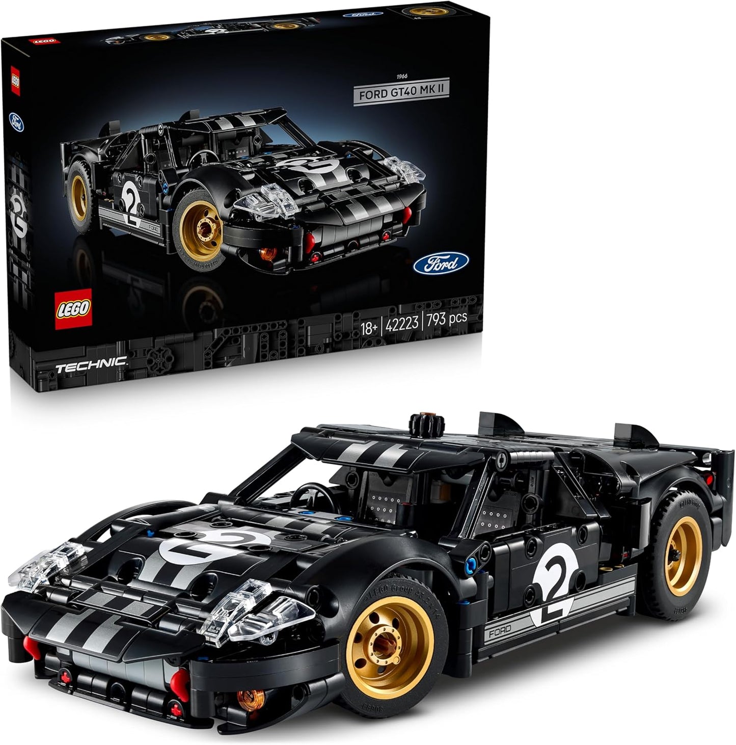 LEGO Technic 1966 Ford GT40 MKII Carro de Corrida - Kit de Modelo Colecionável para Adultos - Conjunto de Engenharia com Motor V8, Detalhes Incríveis e Pintura Exclusiva - Presente para Fãs de Automobilismo - 42223