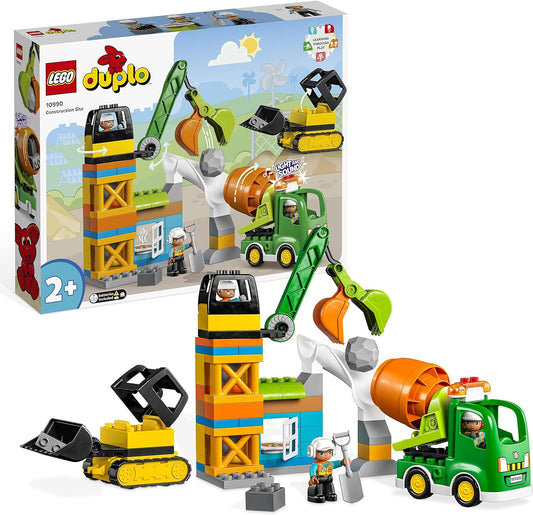 LEGO Canteiro de obras DUPLO com brinquedo de guindaste, escavadeira e misturador de cimento, tijolos grandes, brinquedos sensoriais educacionais para crianças de 2 anos ou mais, meninos e meninas 10990