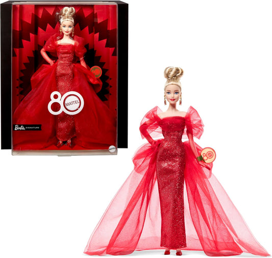 Barbie Boneca Signature, Edição de Colecionador do 80º Aniversário da Mattel, em Vestido de Tule Vermelho Brilhante com Brincos Pendentes e Luvas Transparentes, Cabelo Loiro, JBJ17