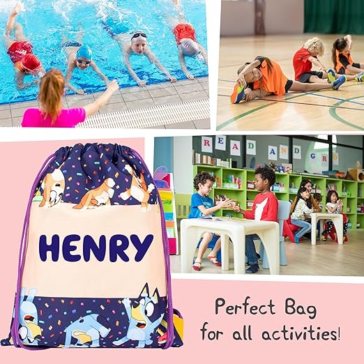 Bluey Bolsa con cordón personalizada para niños Bolsa de educación física - Bolsa escolar para niños - Regalo personalizado para niños y niñas - Bolsa de natación para niños Púrpura