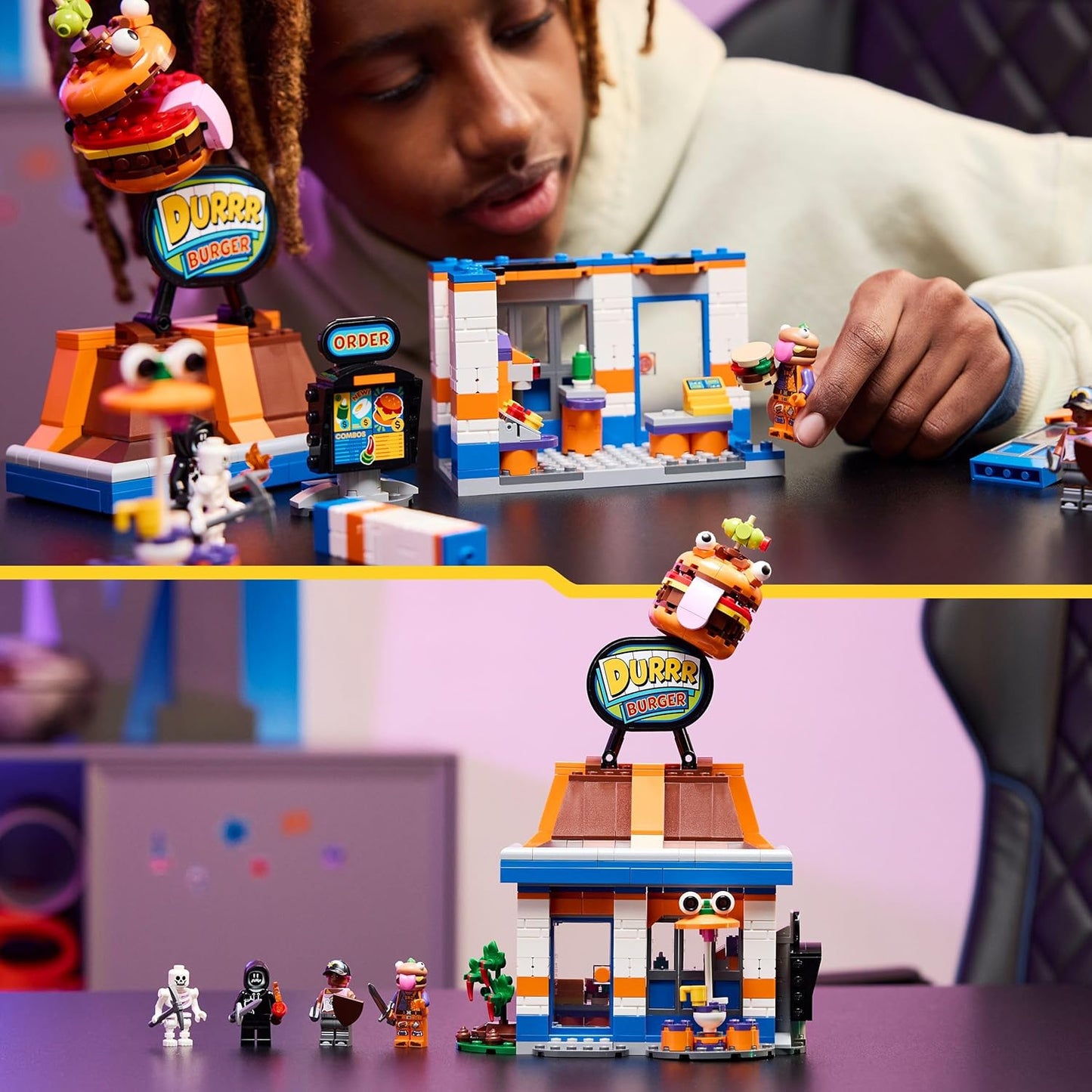 LEGO Fortnite Durrr Burger Restaurant - Brinquedo criativo com minifiguras Beach Bomber, Beef Boss e Grimey - Presente colecionável para meninos e meninas a partir de 10 anos - 77076