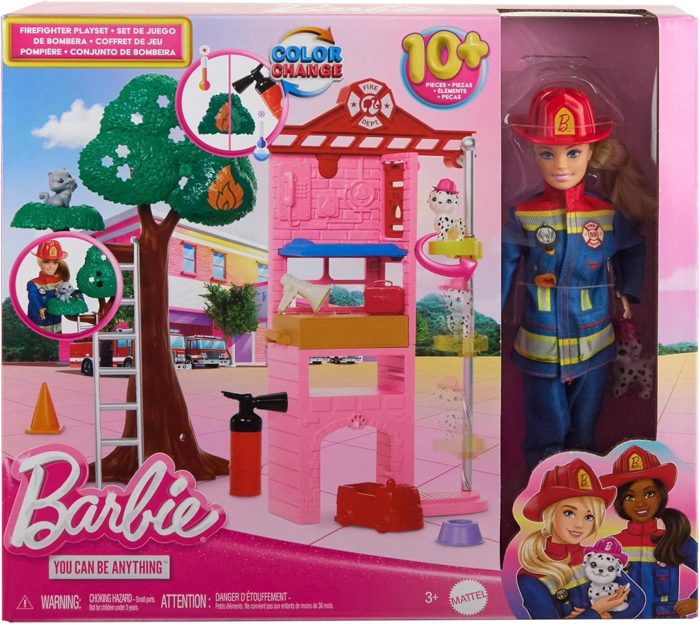 Muñeca y juego Barbie Bombero con estación de bomberos y árbol, 2 mascotas, cambio de color y más de 10 accesorios, incluido extintor de incendios, juguete que lanza chorros, HRG55