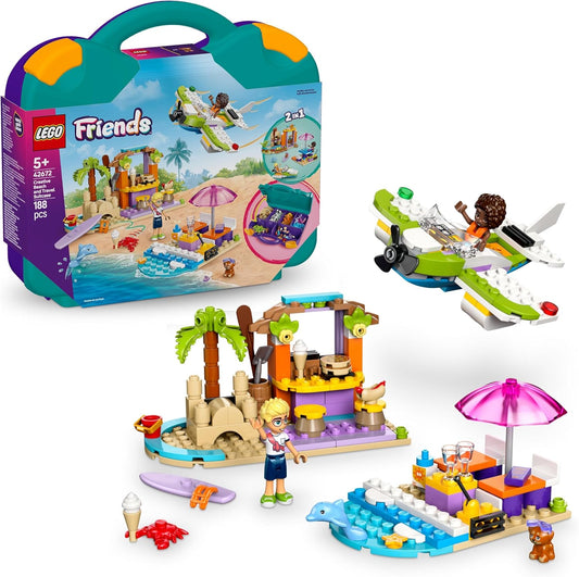 LEGO Conjunto criativo de mala de praia e viagem Friends 2 em 1 para crianças, com um avião de brinquedo, 2 minibonecas, figuras de cachorro e golfinho, presente de aniversário para meninas de 5 anos ou mais