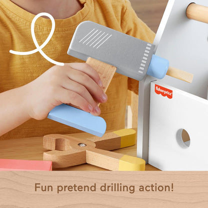Fisher-Price Caixa de Ferramentas de Brinquedo de Madeira com Furadeira, Conjunto de 9 Peças para Brincar de Construção, Ideal para Crianças em Idade Pré-escolar a partir de 3 Anos, HYG50