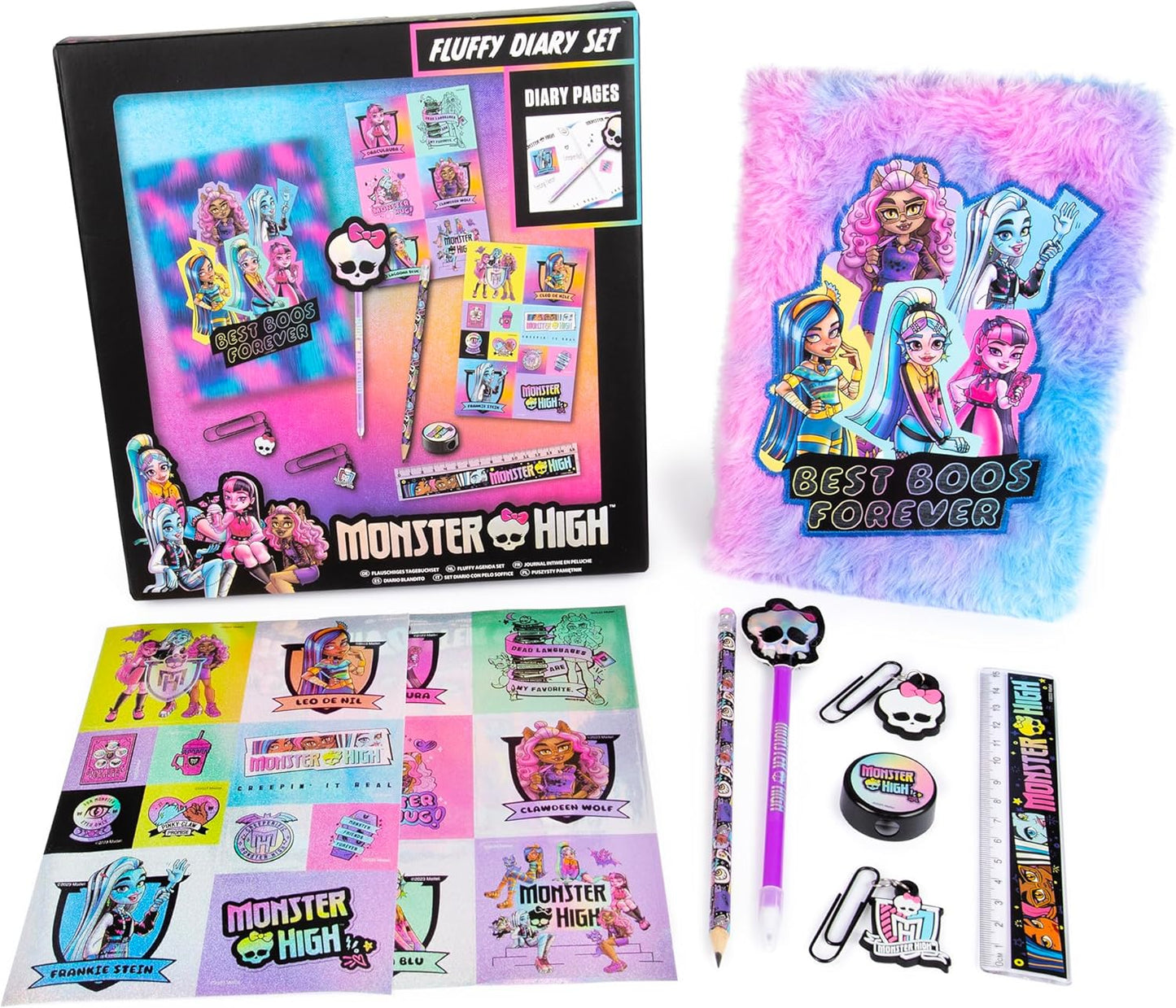 Monster High Kids Journal com caderno fofo, caneta de caveira, adesivos de diário, clipes de papel, régua, apontador de lápis, lápis - conjunto de papelaria infantil - presentes de aniversário para meninas - conjunto de diário secreto