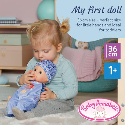 Baby Annabell Boneca Alex de 36 cm, macia, com olhos que fecham - Inclui mamadeira, chapéu e macacão - Primeira boneca, ideal para crianças a partir de 1 ano de idade.
