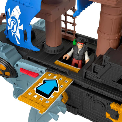 Fisher-Price Conjunto de brinquedo Imaginext Navio Pirata Mordida de Tubarão com 2 figuras de ação, barco de brinquedo com mandíbulas que mordem e lançador, 12 acessórios, JLC50