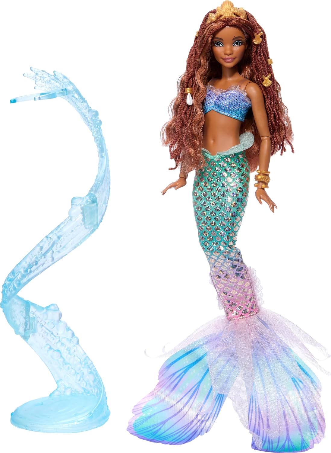 Mattel Boneca Disney A Pequena Sereia Ariel (Versão Deluxe) com Cauda Iridescente, Miçangas para o Cabelo e Suporte, HNF42