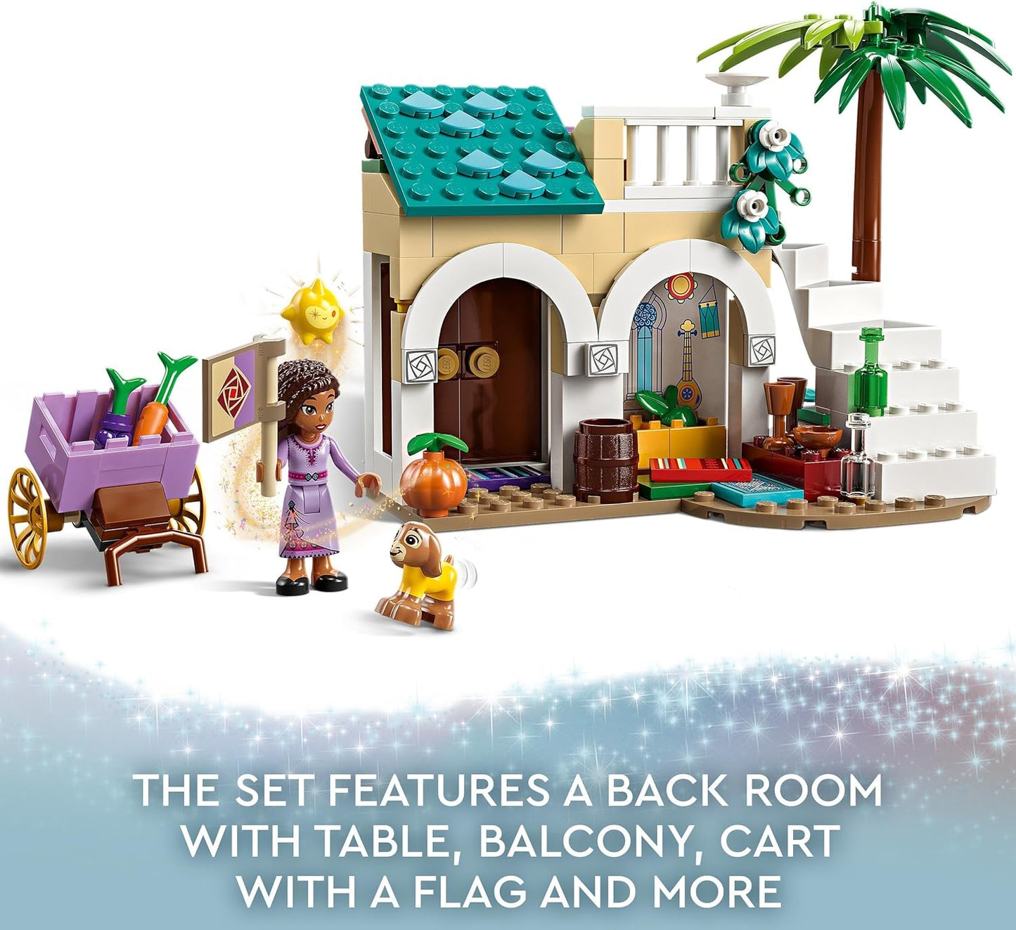 LEGO 43223 Disney Wish Asha en la Ciudad de las Rosas, Set de Película Wish con Minimuñeca Asha, Juguete de Cabra Valentino y Muñecas Estrella, Regalo para Niños, Niñas y Niños a partir de 6 años