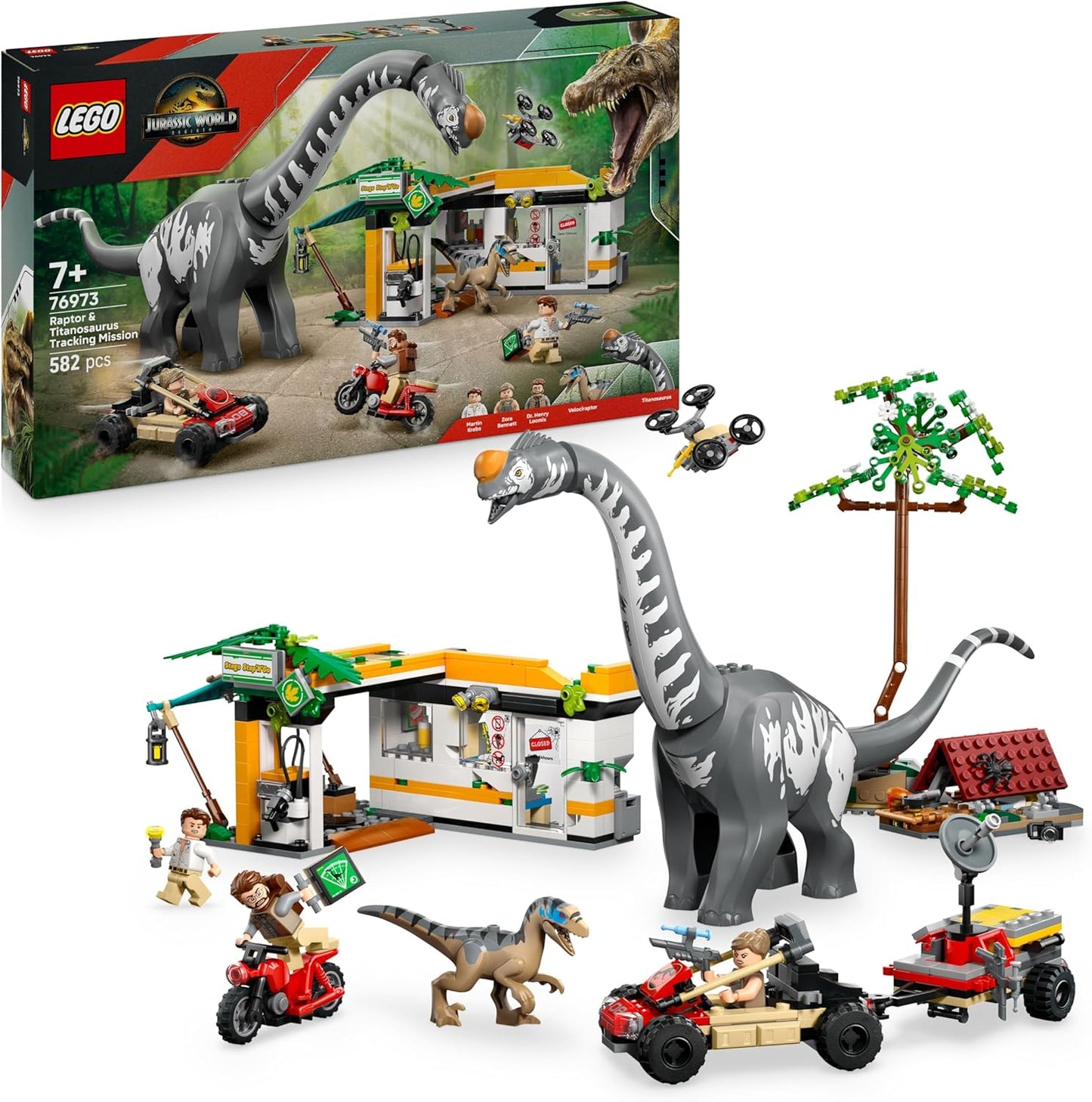 LEGO Jurassic World Missão de Rastreamento de Raptor e Titanossauro - Brinquedo de Dinossauro com 3 Minifiguras, Carro Off-Road e Moto - Presente para Meninos e Meninas a partir de 7 Anos - 76973