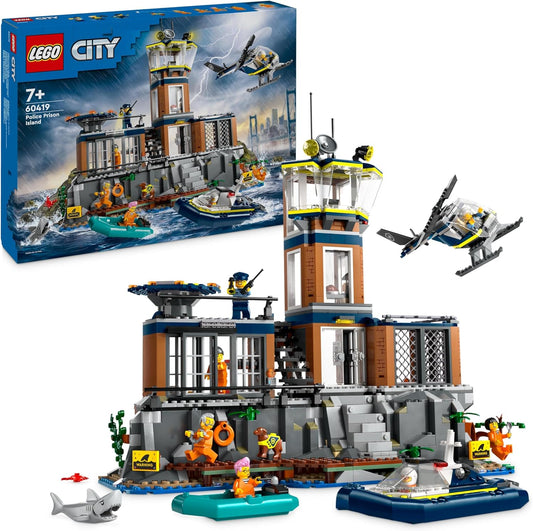 LEGO City Police Prison Island Juguete para niños, niñas y niños a partir de 7 años, set de vehículo de emergencia con helicóptero, barco, 7 minifiguras, figuras de perro y tiburón para jugar
