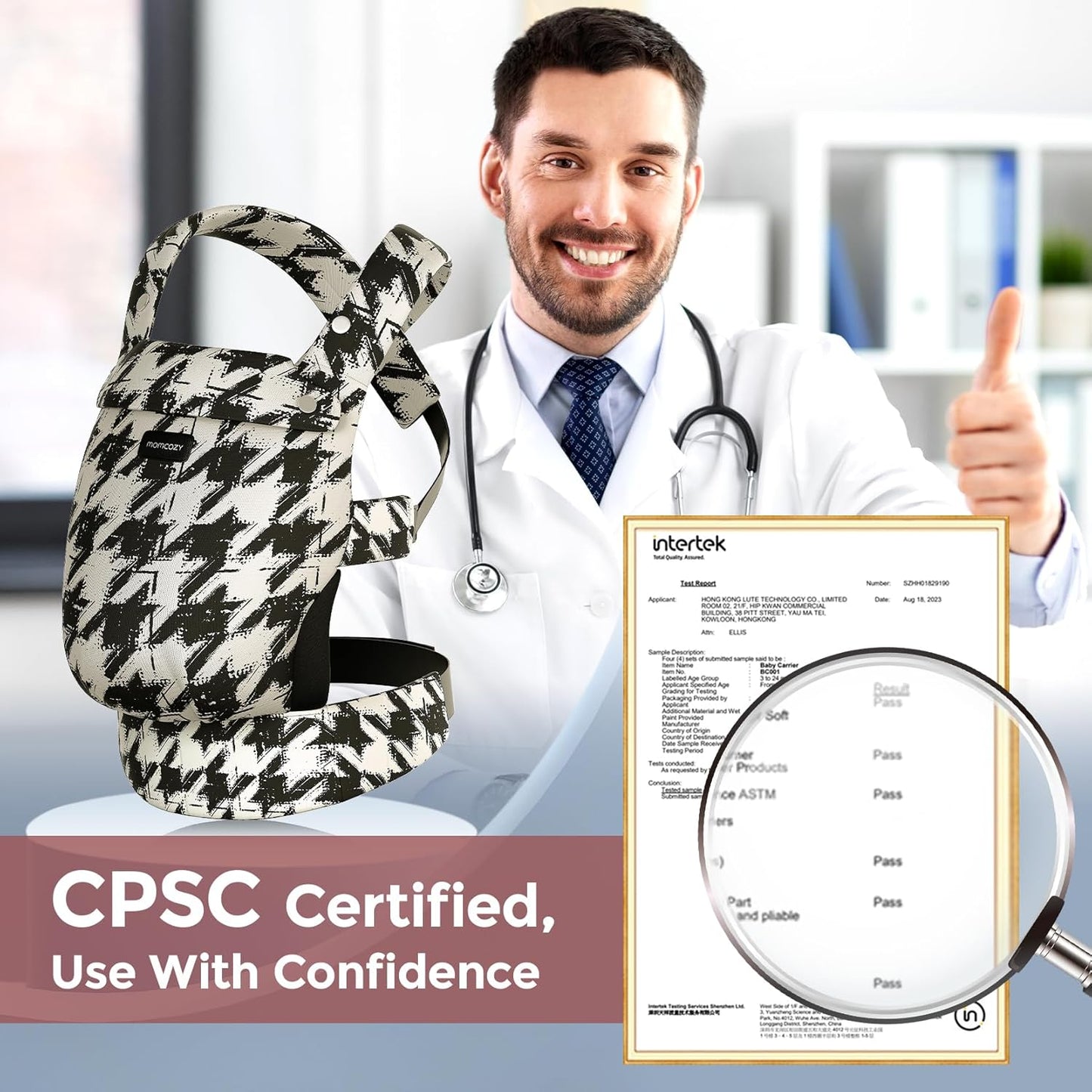 Momcozy Canguru - Canguru ergonômico, confortável e leve para bebês de 3 a 24 meses, fácil de colocar, ideal para pais com as mãos livres, suporte lombar reforçado, estampa pied-de-poule