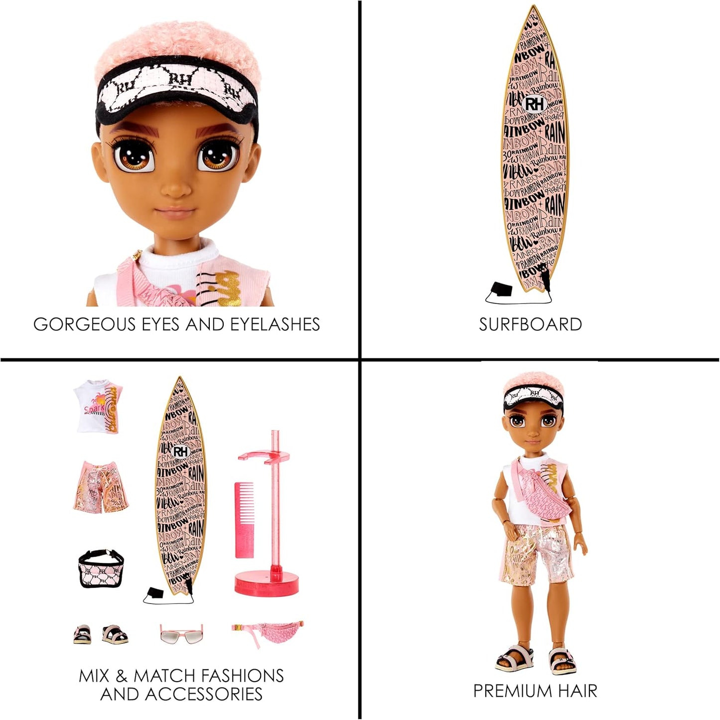 Rainbow High Pacific Coast - FINN ROSADO - Boneco Fashion Masculino com Roupa, Prancha de Surf e Suporte de Exibição - Inclui Acessórios de Piscina, Bolsa Transversal e Mais - Presente e Item de Colecionador para Crianças a partir de 6 Anos 581888