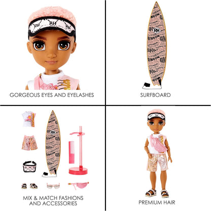 Rainbow High Pacific Coast - FINN ROSADO - Boneco Fashion Masculino com Roupa, Prancha de Surf e Suporte de Exibição - Inclui Acessórios de Piscina, Bolsa Transversal e Mais - Presente e Item de Colecionador para Crianças a partir de 6 Anos 581888