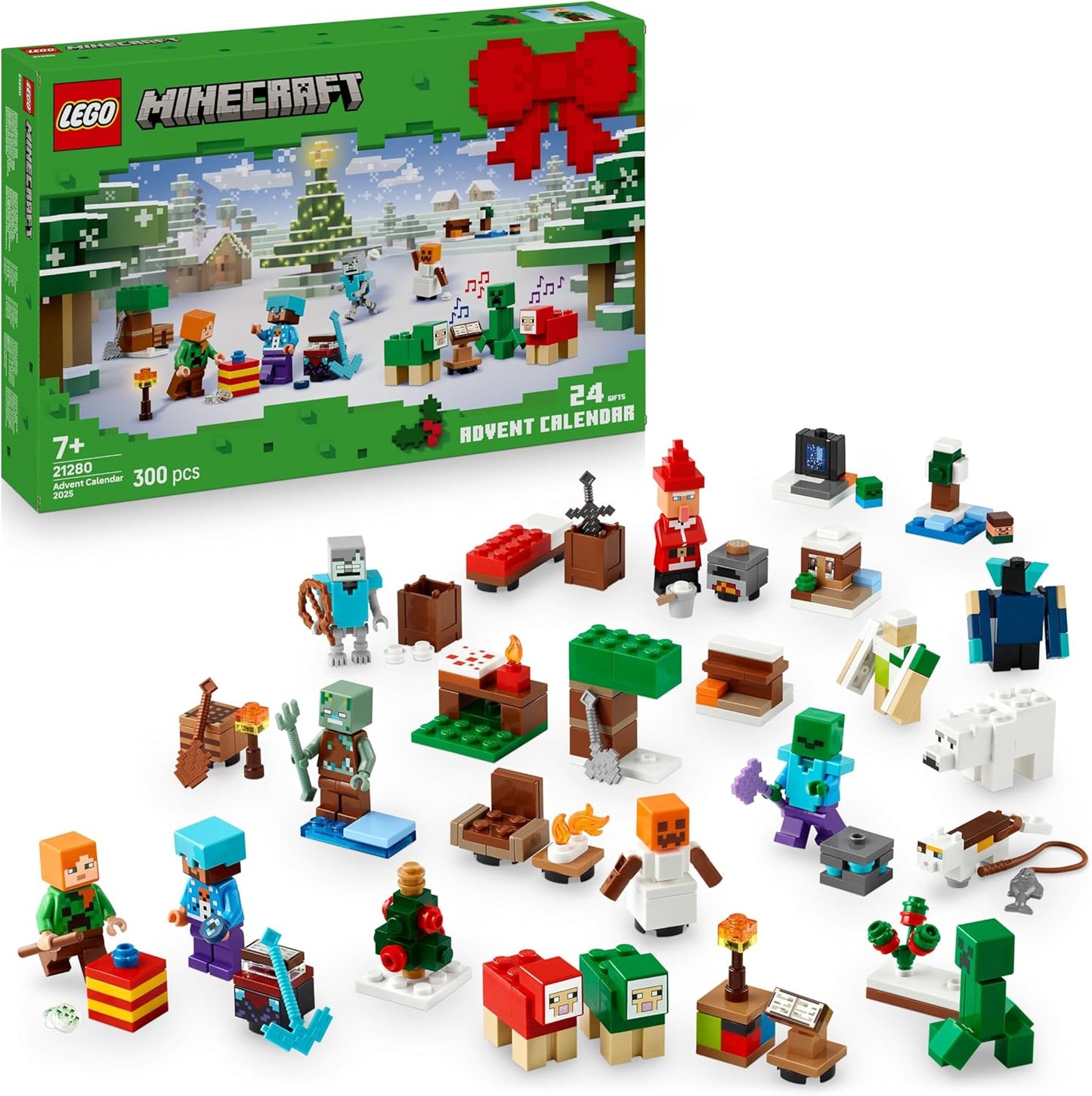 Calendário do Advento LEGO Minecraft 2025 para meninos e meninas a partir de 7 anos - Brinquedo de contagem regressiva para o Natal com 24 surpresas, incluindo minifiguras e mini construções - Presente para gamers - 21280