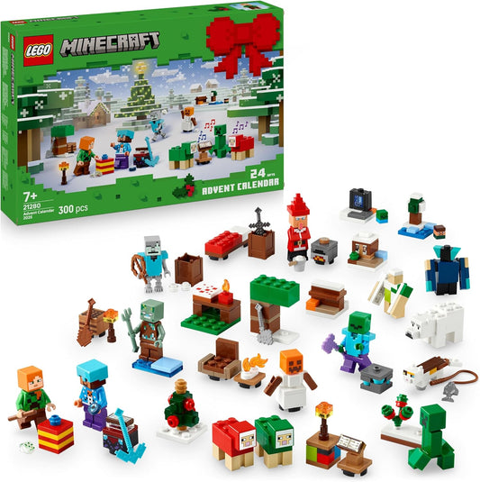 Calendário do Advento LEGO Minecraft 2025 para meninos e meninas a partir de 7 anos - Brinquedo de contagem regressiva para o Natal com 24 surpresas, incluindo minifiguras e mini construções - Presente para gamers - 21280