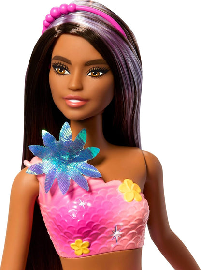 Barbie Mermaid Toy Dolls with Surprise Magic Blooming Flowers Feature, Ombre Tails, Pearl Headband Accessory & Long Brown Hair with Purple Highlights, JDM73