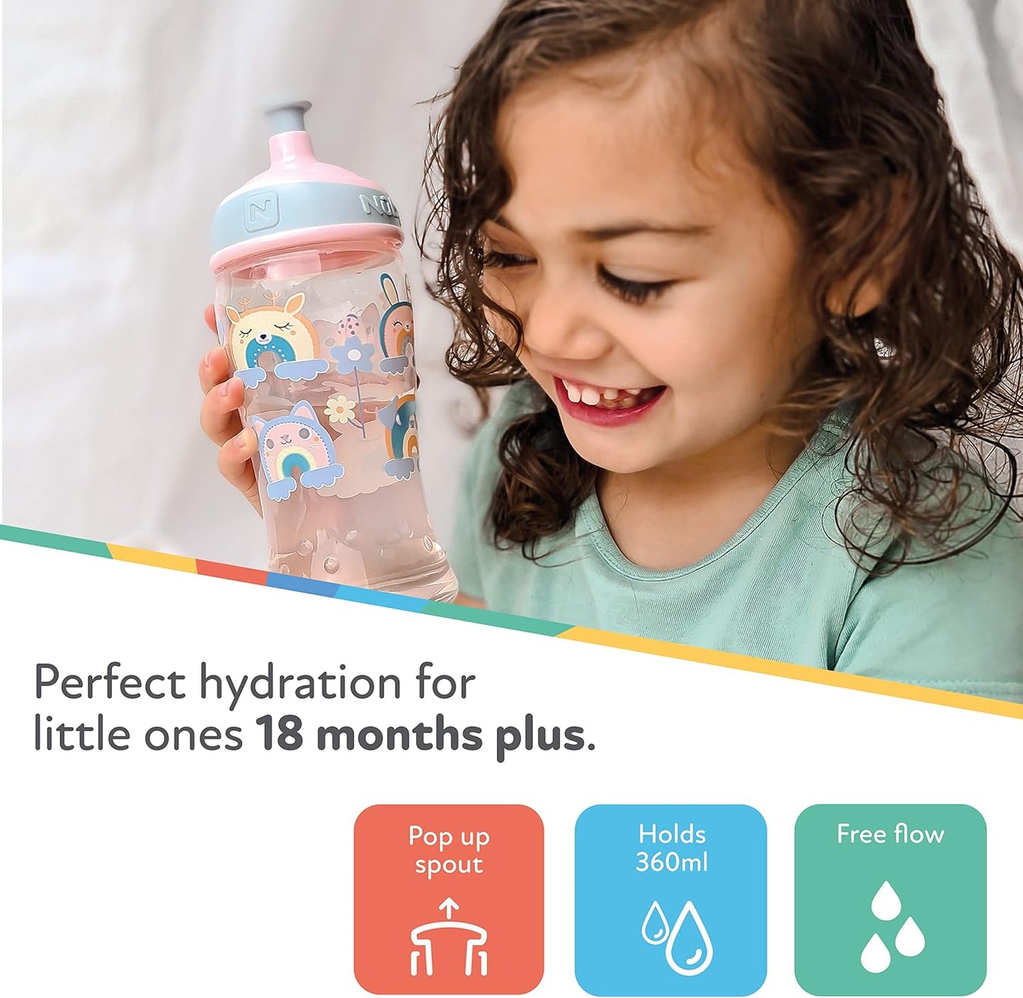 Botella de agua Nuby Super Slurp - Vaso antiderrames para niños pequeños | 360ml / 12oz | Fácil de sostener | Apto para lavavajillas | Taza adecuada para niños a partir de 18 meses (Rainbows, paquete de 2), 048526890460