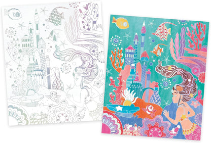 Janod - 4 Pinturas com Linhas Prateadas - Pintura em Aquarela - Tema Sereia - Oceano Mágico - Kit de Lazer Criativo Infantil - Aprendizagem de Motricidade Fina e Concentração - a partir dos 7 Anos