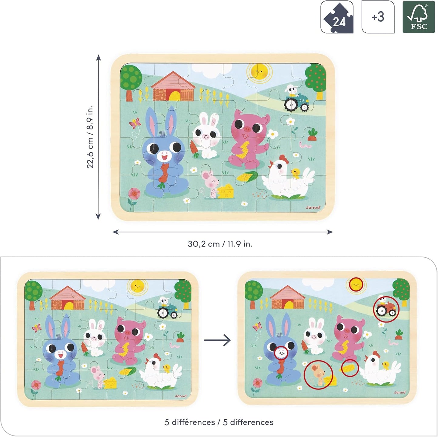 Janod - Quebra-cabeça de Madeira 24 Peças Infantil A partir de 4 anos - Tema Fazenda - Modelo incluso + Jogo dos 5 Erros no Tabuleiro - Desenvolve Concentração e Observação - Produto FSC - J07126