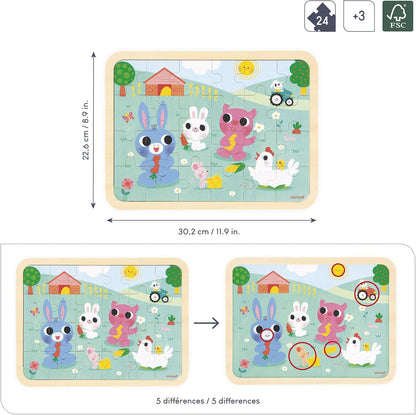 Janod - Quebra-cabeça de Madeira 24 Peças Infantil A partir de 4 anos - Tema Fazenda - Modelo incluso + Jogo dos 5 Erros no Tabuleiro - Desenvolve Concentração e Observação - Produto FSC - J07126