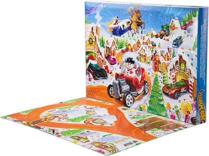 Conjunto de Carrinhos e Playset Hot Wheels, Calendário do Advento 2025 com 10 Veículos em Escala 1:64, 10 Clips para Enfeites e 14 Acessórios com Tema de Inverno, JCB47