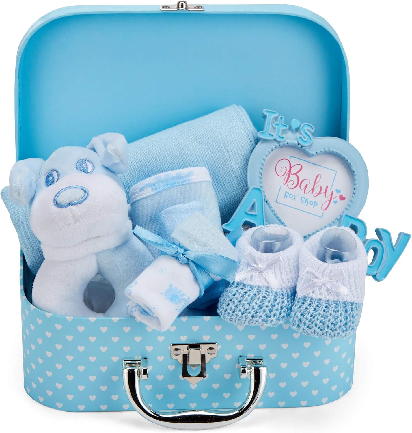 Baby Box Shop - Conjunto de presente para recém-nascidos - Cesta premium com chocalho para cachorro, porta-retratos, tecido de musselina, chá de bebê para recém-nascidos