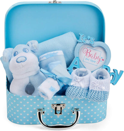 Baby Box Shop - Conjunto de presente para recém-nascidos - Cesta premium com chocalho para cachorro, porta-retratos, tecido de musselina, chá de bebê para recém-nascidos