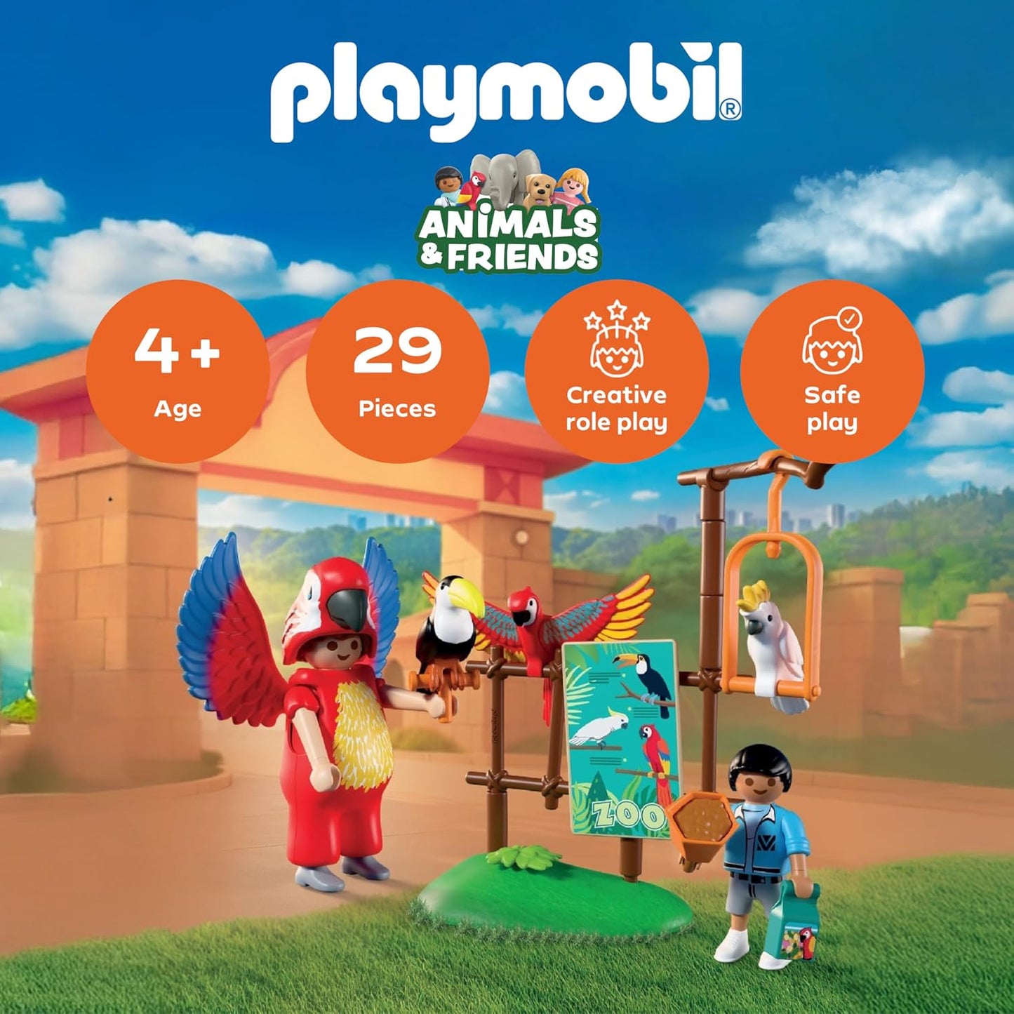 Playmobil | Animais e Amigos | Mascote do Zoológico | Homem fantasiado de papagaio com 3 aves tropicais | brinquedo infantil para crianças a partir de 4 anos | 72074
