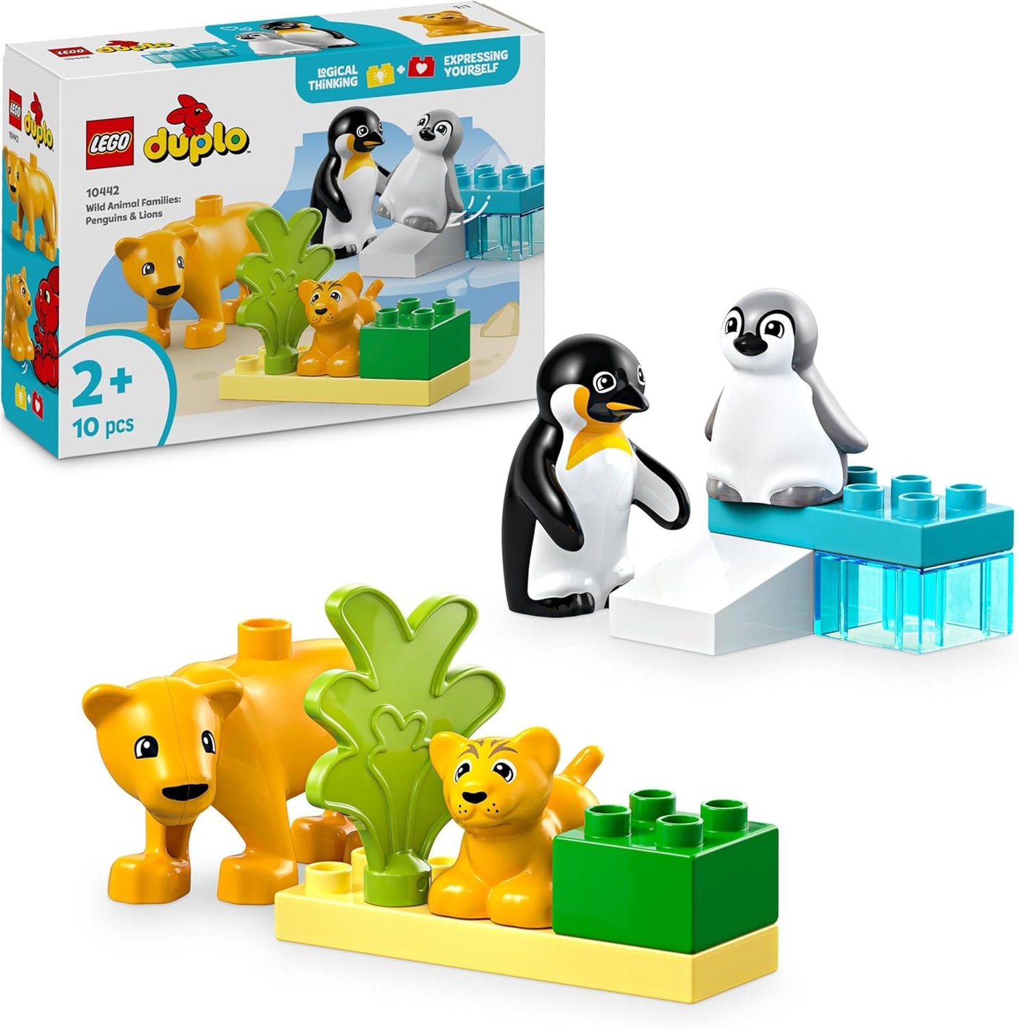 LEGO DUPLO Famílias de animais selvagens Brinquedo Montessori educacional de pinguins e leões para meninas e meninos de 2 anos ou mais, conjunto de construção Sparks